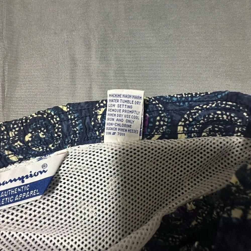 Vintage 90s Champion Swim Trunks Mens 3XL Lined Shorts Retro Swirl Print Navy